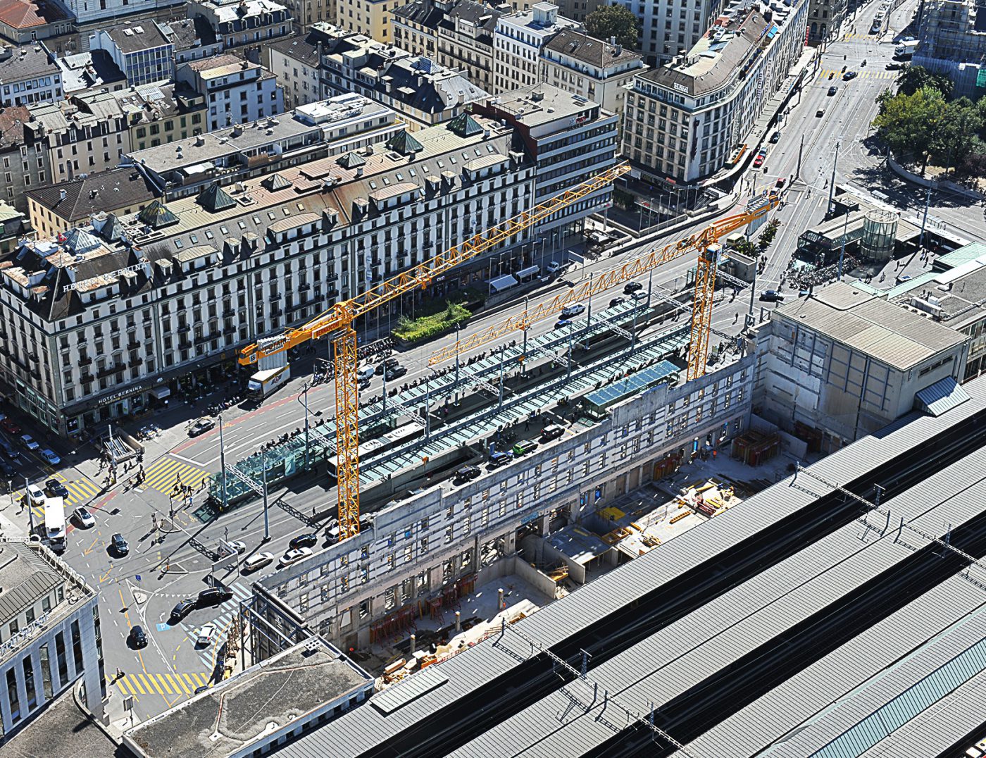 Photographie aérienne chantier de la gare de cornavin à Genève